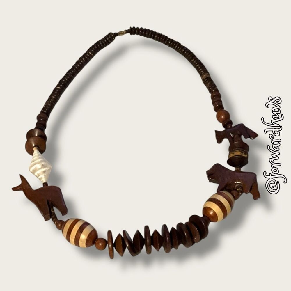 Vintage African-Style Wood Animal Carving Necklace